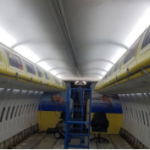 inside of an airplane with white LED color on presenting Ameen LED light production and installation process