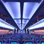 inside of an airplane cabin with white LED color on presenting Ameen LED light production and installation process